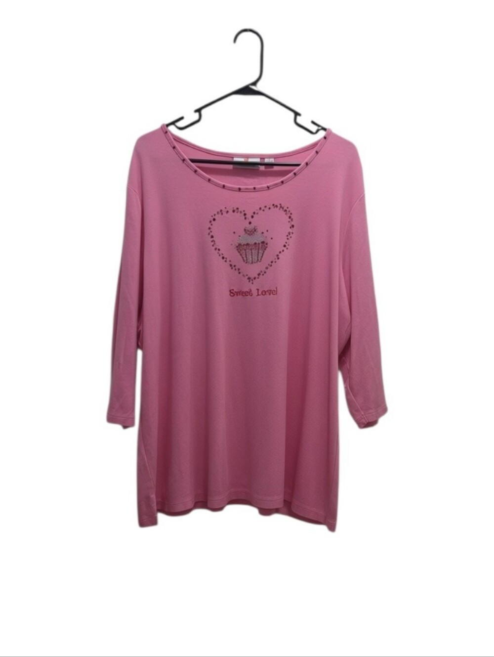 Quacker Factory 2X Pink Rhinestone Cupcake Sweet Love 3/4 Sleeve Cotton Top